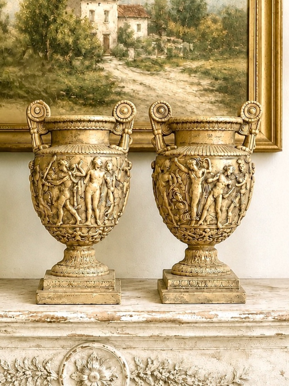 Vintage Pair Townley Urns | Neoclassical Bacchanalian Relief Vases | Greco Roman